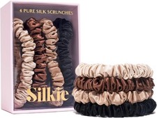 SILKIE x4 Set 100% Pure Mulberry Silk Black Brown Skinny Scrunchies Travel Pouc