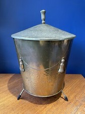 Vintage Brass Tone Lidded Coal Kindling Bucket Atomic Legs Tassel Detail 