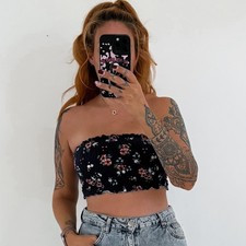 Ladies New Look Navy Blue Floral Boob Tube Summer Crop Top Size 10