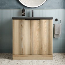 800mm Fluted Wood Floorstanding Vanity Unit Black Ceramic Basin Chrome Handle