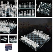 GLASS BOARD TRADITIONAL CHESS SET GAME UNIQUE BEAUTIFUL GIFT 32 PIECES FUN PARTY