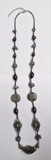 Long Boho Glass Bead Necklace Grey, Brown & Purple Mix Knotted Cord 50cm Clasped