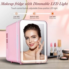 4L Pink Mini Fridge with LED Light Mirror Portable Cooler&Warmer Skincare Makeup