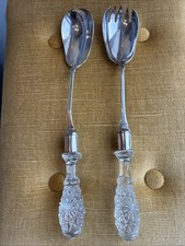 Vintage Silver Plated Salad Servers with Crystal Handles Pre Owned Great Value