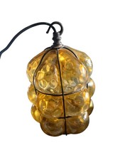 Vintage 1970s Amber Bubble Glass Pendant Light  Cast Iron Cage Swag Lamp W/Chain