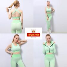 Women Anticellulite Set Yoga Crop Top Gym Leggings Bra Jacket Neon Green UK