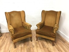 Vintage Pair of  Wing Backed, Gold Mustard Velvet Arm Chairs, Mid Century, Retro