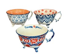 Joyye White China Three Footed Cups Mugs x 3 Blue Orange Red Design.