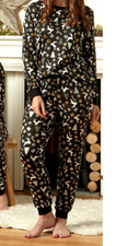 New Womens Christmas Soft Touch Twosie Pyjama Set Black Gold