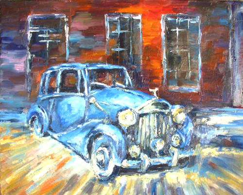 Blue car original oil painting - oil,