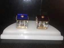 Vintage Art Deco Style Marble Desk Inkwell with Glass Insert & Pen Rest