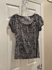 Worthington Women Pretty black, white short sleeve Sleeve Pleated Neck Top Sz L