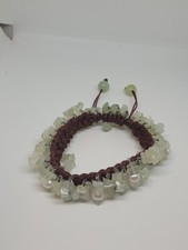 Brown Cord And Clear Jade Agate Chip And Pearl Style Bead Adjustable Bracelet