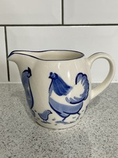 UNUSUAL QUAIL HAND PAINTED BLUE & WHITE POTTERY CHICKEN & CHICKS JUG