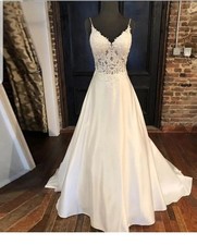 UK Spaghetti V Neck Bridal Satin Sequins Lace Boho A Line Wedding Dress Size 12