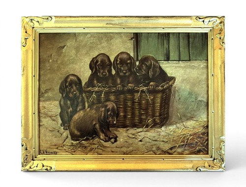 Antique labrador puppies oil - labrador,