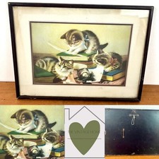 Vintage Three Playing Cats Playing Print In Wooden Frame 12’’x9’’