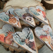 Rustic Wood Country Woodland Heart Decoration Christmas Hare Hedgehog Fox Stag