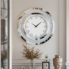60/80cm Round Mirror Clock Crushed Sparkling Crystal Diamond Mirrored Wall Clock