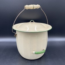 Vintage Chamber Pot Bucket Cream Enamel Ware Green Trim + Lid Handle Cottagecore
