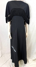 1970s Vintage Black Maxi Dress Gown with Cape Capelet and Fringe Trim Angel 8-10