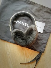 NEW Auth Chanel CC Logo Pearl Lapin Rabbit FUR Headband Earmuffs Hair Accessory