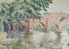 Original watercolour, 'Ornamental Bridge', Pauline Plummer (b1933), 1950s