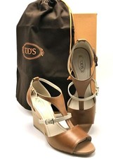 TOD'S Italian Leather High Wedge Sandals in Saddle Brown US SZ 7.5 - NEW in BOX!