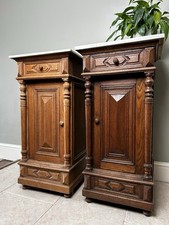 Pair Tall / Large Ornate French Oak Marble Top Bedside Cabinet Cupboard Drawers
