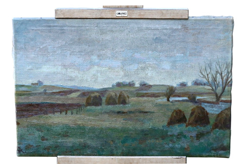 Landscape with haystacks - landscape, oil