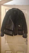 Women River Island Faux Sheepskin Faux Fur Full Zip Black Short Jacket Size UK10