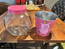 M&S Percy Pig sweet party glass canister jar with pink lid and tin bucket