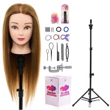 24 inch 60% Real Human Hair Training Head Mannequin Doll&Braid Sets&Tripod Stand