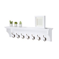 **CLEARANCE** Wall-mounted 7-hook COAT RACK w/ Storage Shelf // White Wood