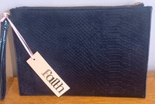 Faith 1089 Clara Zip Top Clutch Bag, Black Embossed Texture.