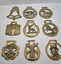 9 Vintage Horse Brass Bundle Bell Barrel Harvest Windmill Stag Rare Collectable