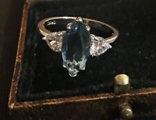 Vintage Style Aquamarine Topaz And Zircons Ring 18K White Gold Plated