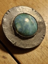 Vintage Brooch Pewter Ceramic Cabochon Ruskin Style Arts and Crafts