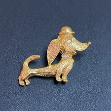 Vintage Dachshund Sausage Dog Brooch Gold Tone Top Hat Unisex Kitsch Quirky Gift