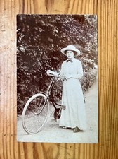 Antique RPPC Vintage Sepia Postcard Lady With Bicycle Bike Social Portrait 1910