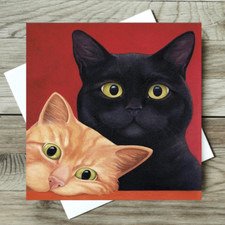 Funny Black and Ginger Cats Greetings Card 'Waiting for Harriet' by Vicky Mount