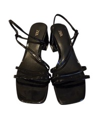ZARA Ladies Black Leather Slingback Strappy Block Heel Sandals UK 4 Buckle