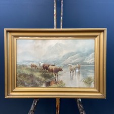 LARGE ANTIQUE HENRY R HALL 'HIGHLAND CATTLE ' GOLD GESSO FRAME WITH GLASS