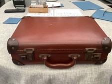 VINTAGE LUGGAGE SMALL BROWN/TAN SUITCASE-LOCKS WITH KEY.