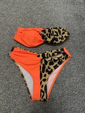 Women's Two-Piece Bikini Swimwear Set - Neon Orange and Leopard Print