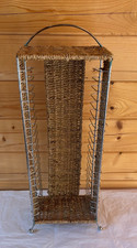 Vintage wicker metal Record tower rack storage woven Height 22' W8.3''