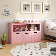 Kids Toy Storage Cabinet 3 Drawers Pink Wood Cube Shelves with Wheels Pink