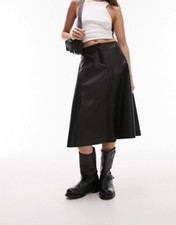 TopShop Womens Leather Look Black Midi Skirt RRP £45