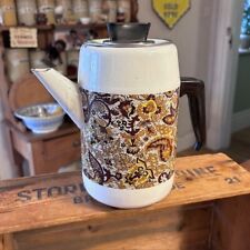 Vintage Tall White Enamel Coffee Pot with Brown / Yellow Floral Design – Retro!