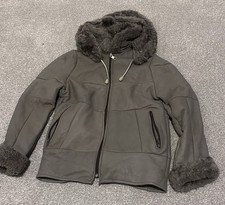 Boys Light Grey Shearling Leather Patchwork Jacket With Detachable Hood.